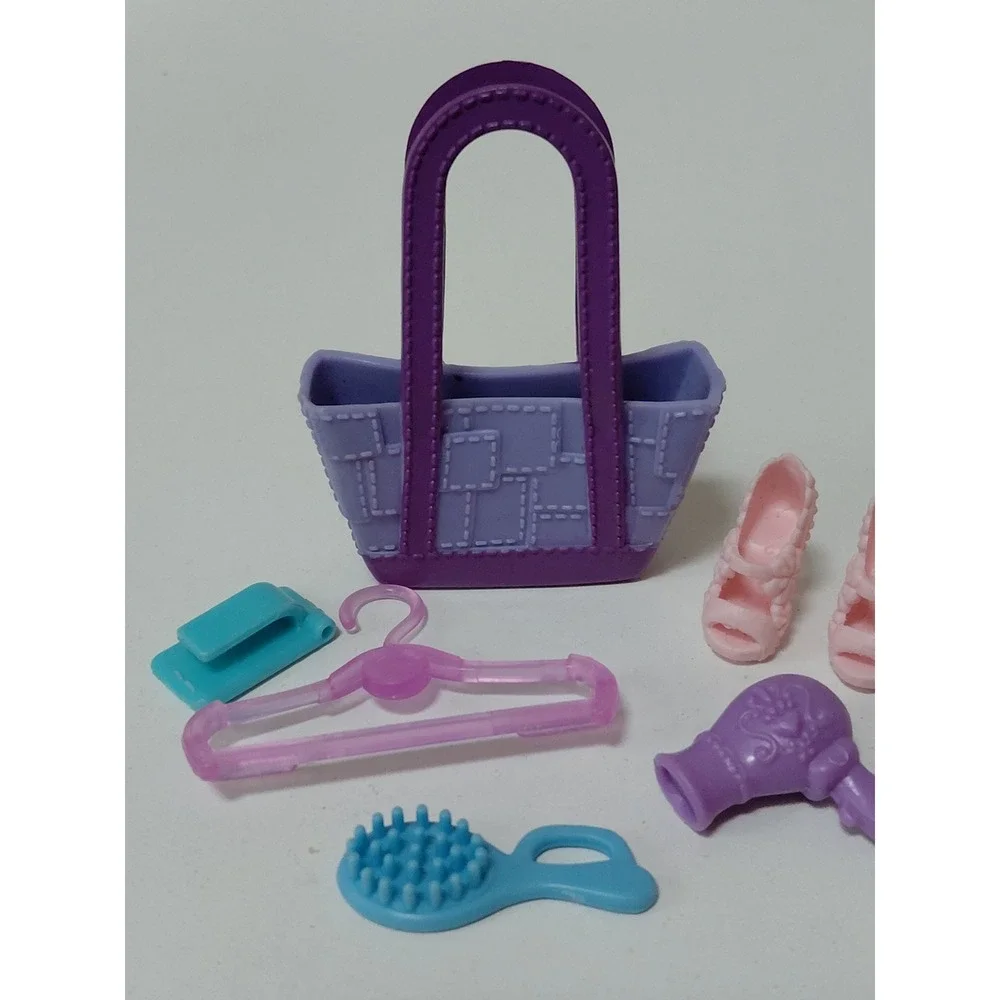 Barbie Doll Accessory Lot Purple Tote Bag Pink Heels Hair Dryer Brush Hanger